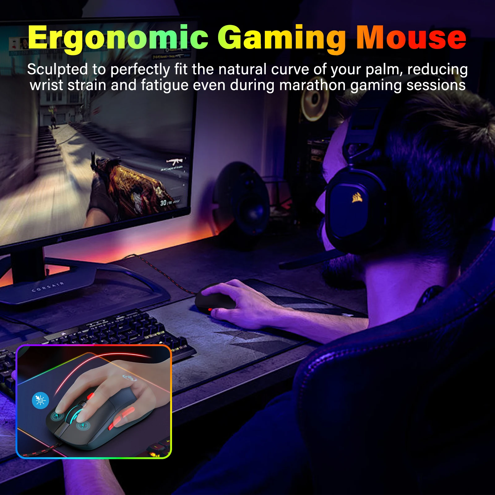 HXSJ Wired Gaming Mouse 4-Level 4800 DPI 7Color RGB Light Ergonomic 1ms Low Latency USB Mice Support Light For PC Mac Linux Game view 6
