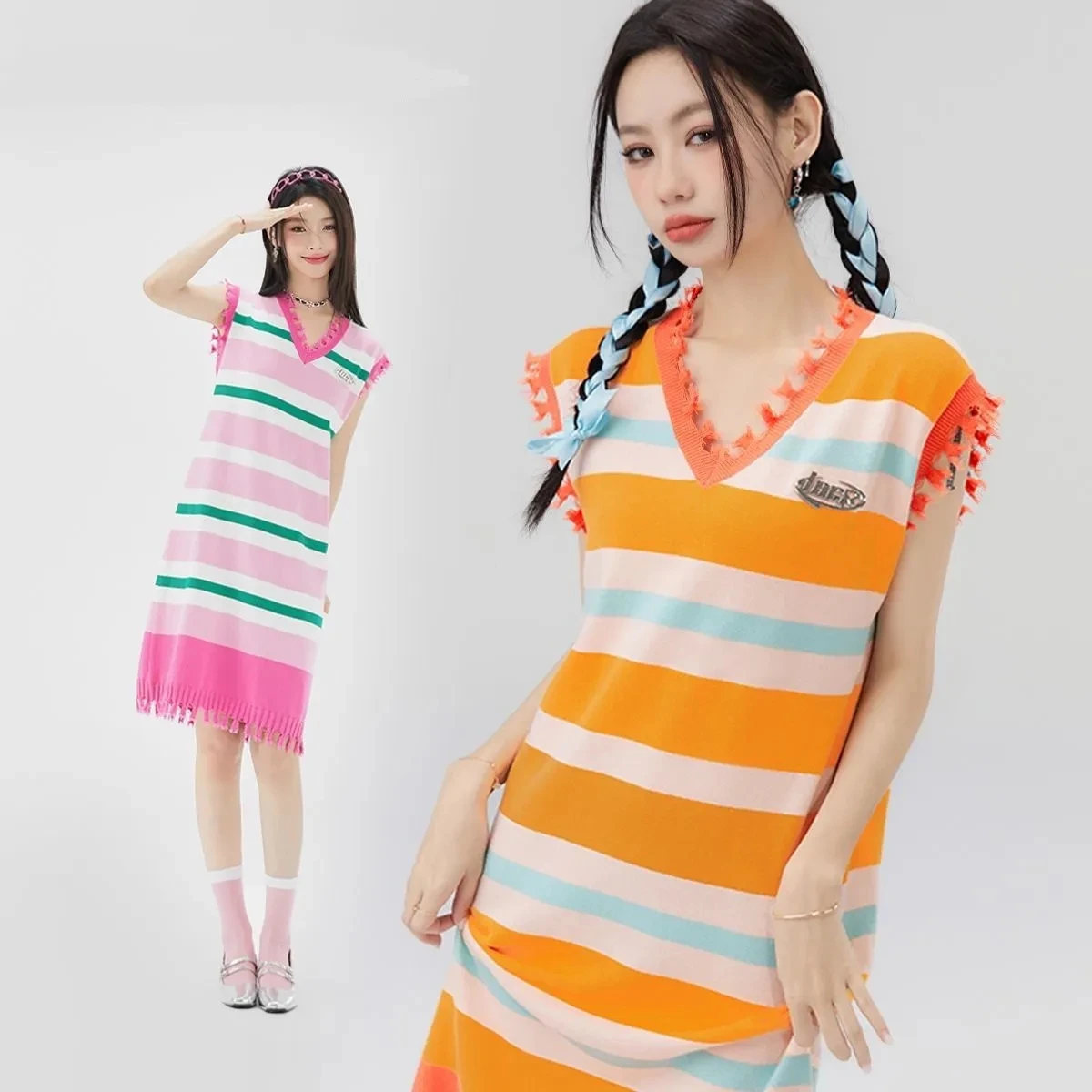 Runway Style Summer Women's Stripped Knitting Sleeveless V Neck Tassels Dresses Pink Nice Party Dresses Vestidos NZ227