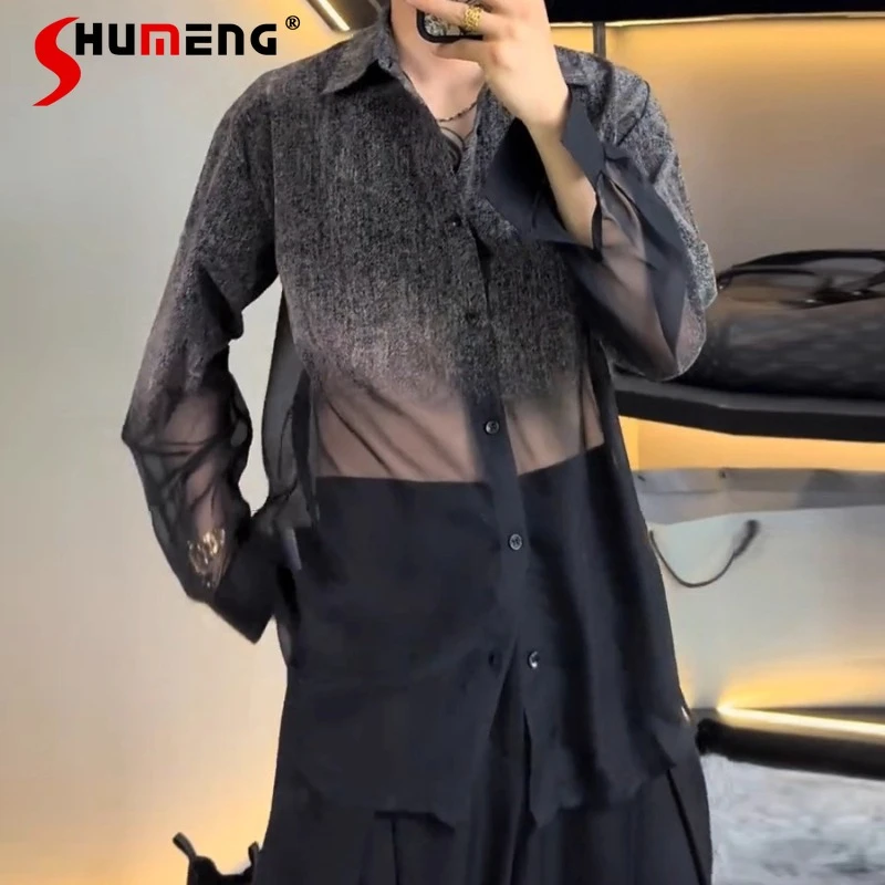 

2025 Men's Summer New Thin Mesh Gauze Gradient Denim Shirts Men's Hollow Out Long Sleeve Shirt See-Through Sun Protection Jacket
