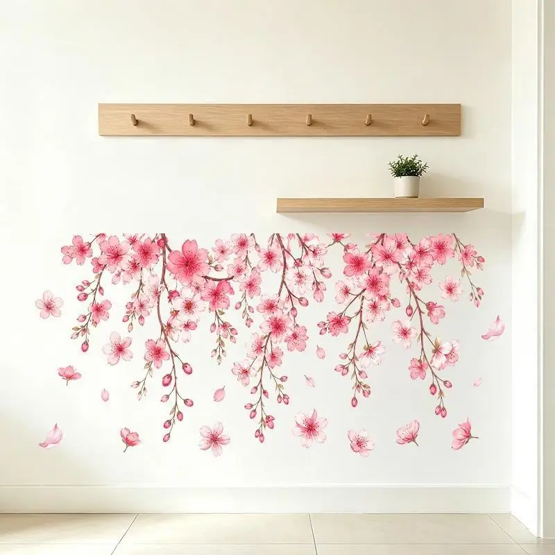 Pink Cherry Blossom Wall Stickers Self Adhesive Waterproof Perfect For Living Room Bedroom Home Decor
