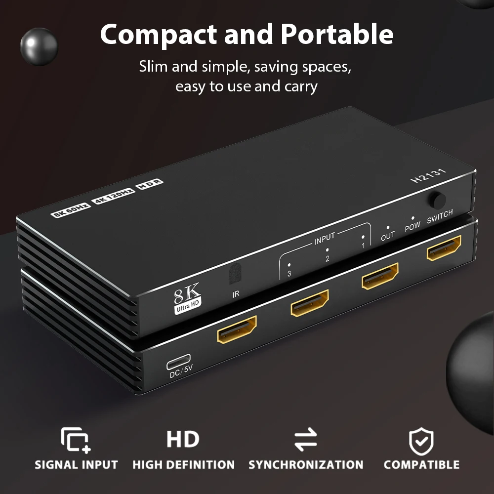 Splitter Switch 2.1 compatibile con HDMI 5 porte compatibile con HDMI 4K 120Hz Splitter 5 x1 Switcher CEC Switch 8K 60Hz con telecomando Dolby