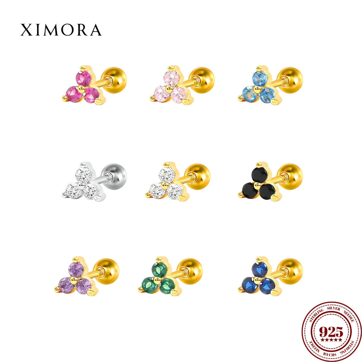 

XIMORA S925 Sterling Silver Colored Zirconia Triangle Stud Earrings Layered Mix-and-Match Babe Ear Cartilage Jewelry серьги