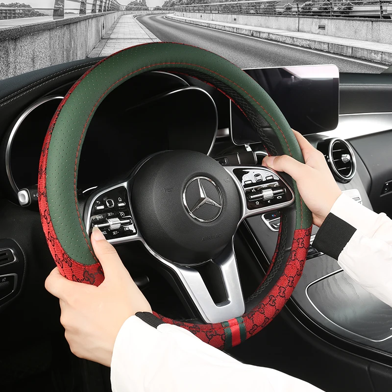 Double Fabric Spliced Steering  Wheel Cover Durable Leather Cover with Anti-Slip Lining, Fit for 14.5