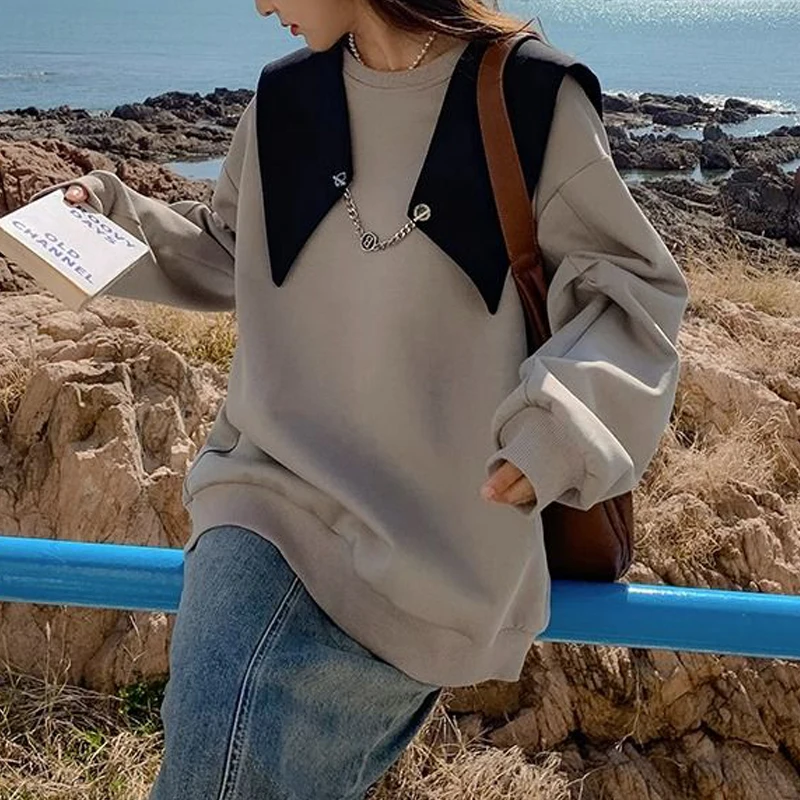 2024 Women Trendy Casual Streetwear Oversized Design Sweatshirts Spring Female Korean Style Chic Long Sleeve Tunic Pullover Tops