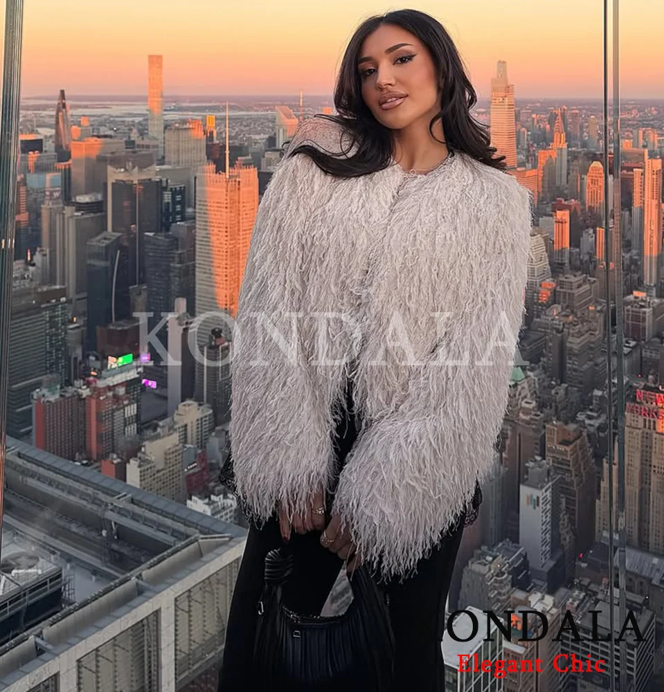 KONDALA عيد الميلاد السنة الجديدة شرابة النساء السترات س الرقبة طويلة الأكمام معاطف قصيرة موضة 2025 الخريف مثير حفلة عشاء سترة حريمي