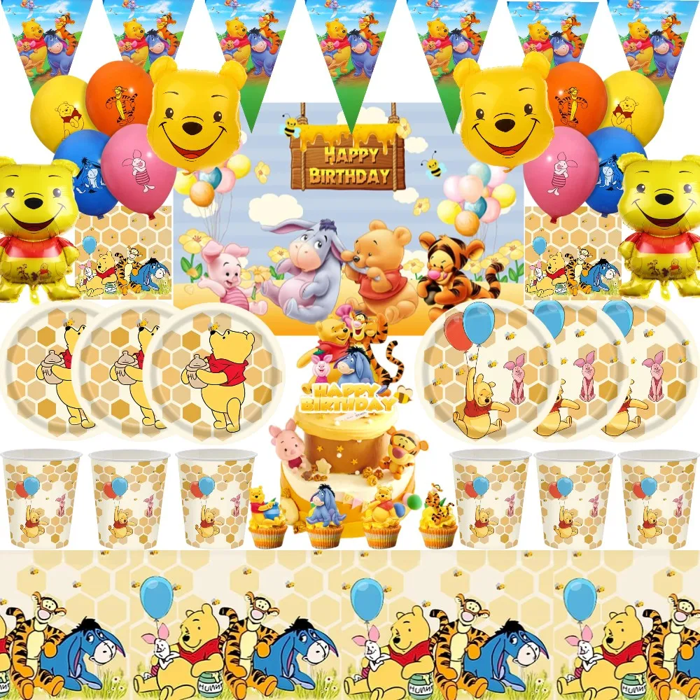 Disney Winnie the Pooh Birthday Party Decorations Disposable Tableware Paper Plate Balloon Pooh Bear Baby Shower Party Supplies