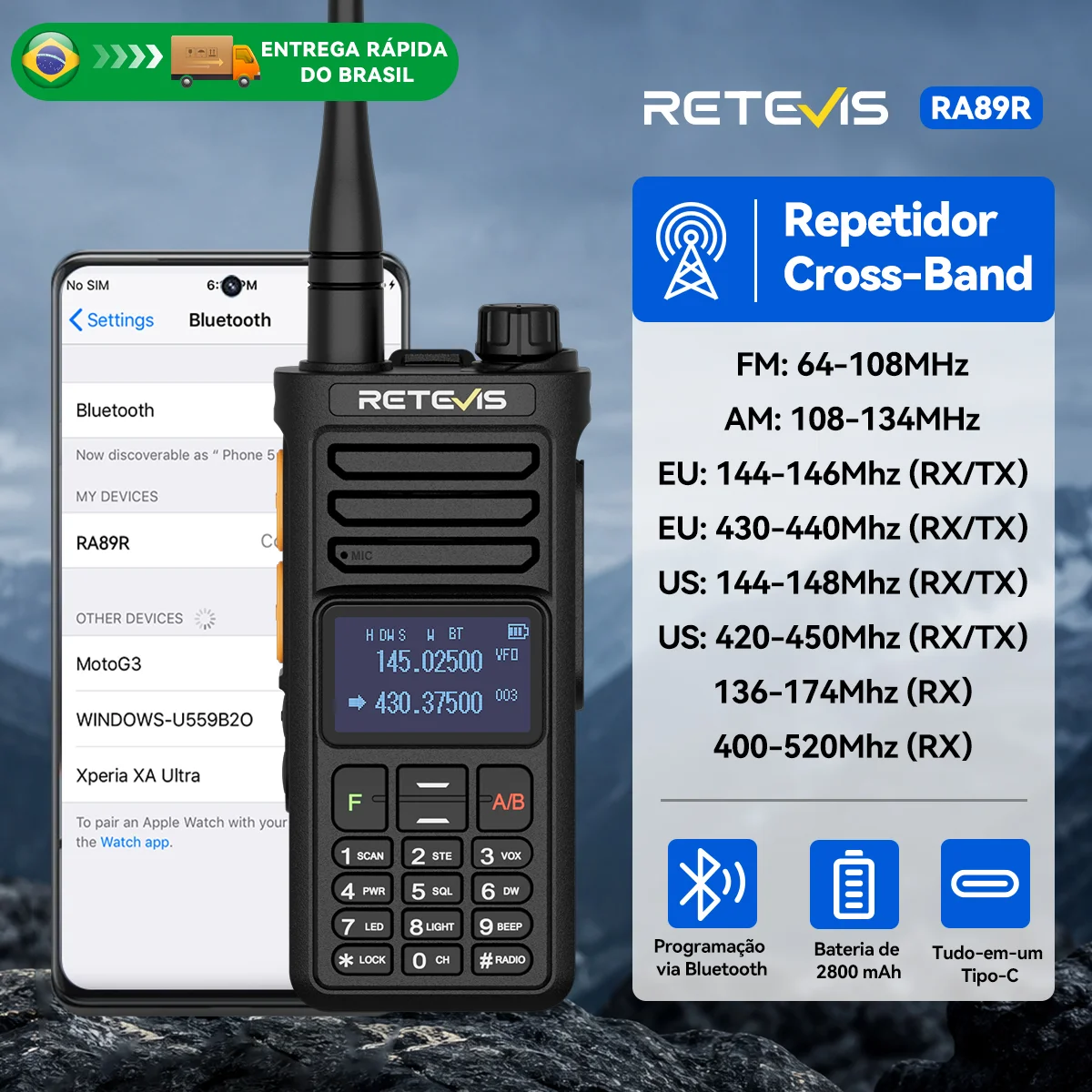 Retevis Walkie Talkie RA89R Repetidor de Banda Cruzada Rádio Amador Programação Bluetooth Banda U/V 2800mAh Longo Alcance para Camping e Atividades ao Ar Livre