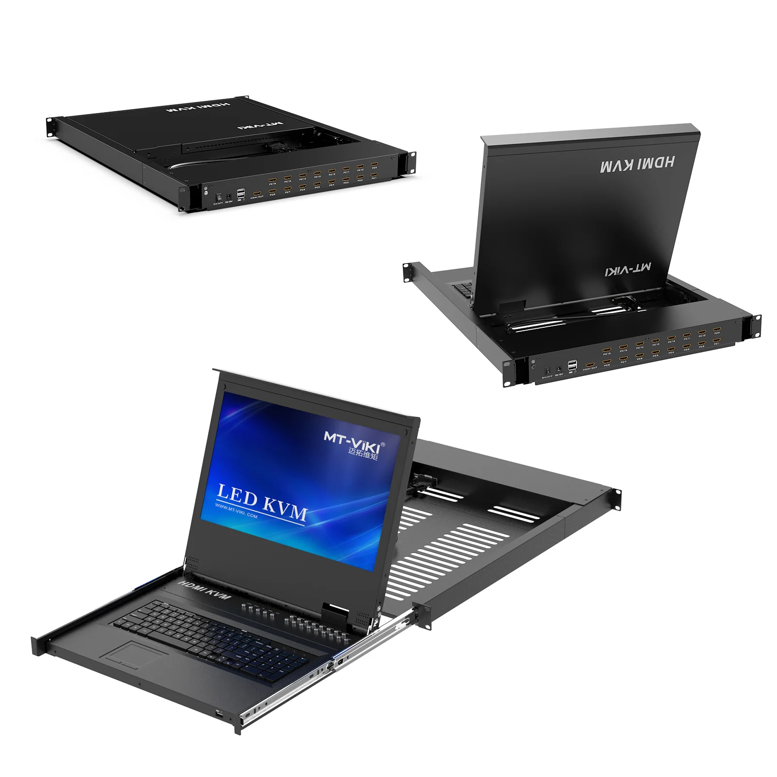 17.3-Inch LED display for 16 ports + 16 cables, 1U rack-mounted KVM console drawer for computers