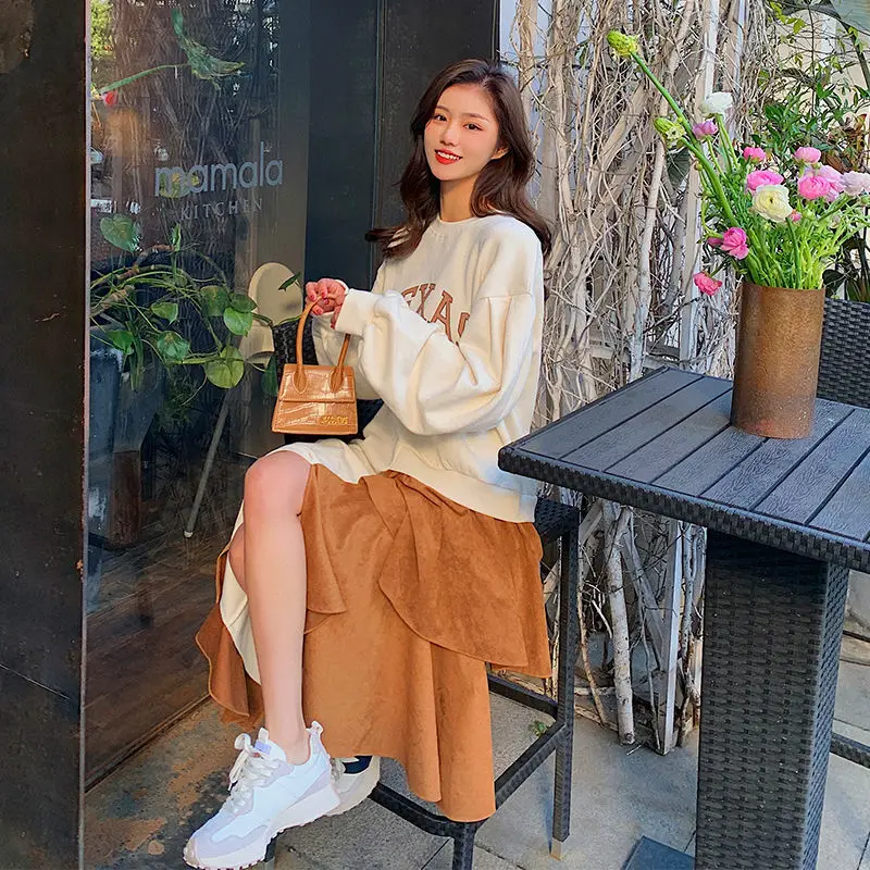 Spring Autumn New Contrast Irregular Dresses Long Sleeve O-Neck Pleated Loose Plus Size Midi Dress Fashion Casual Women Clothing