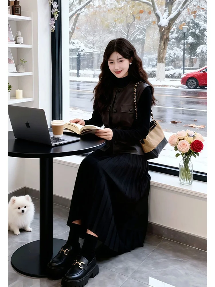 

Sli Bla Leather Vest Dr Set Korean Elegance Age Reduction Clete Winter Faion Women's Midweight Long Sve Knit...
