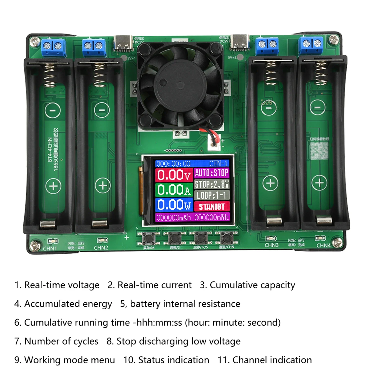 Typ-C 4-Kanal-Batteriekapazitätstester mit LCD-Anzeige, mAh, digitales Lithium-Batterie-Detektionsmodul für Batterietests 18650/21700 – Detail 2
