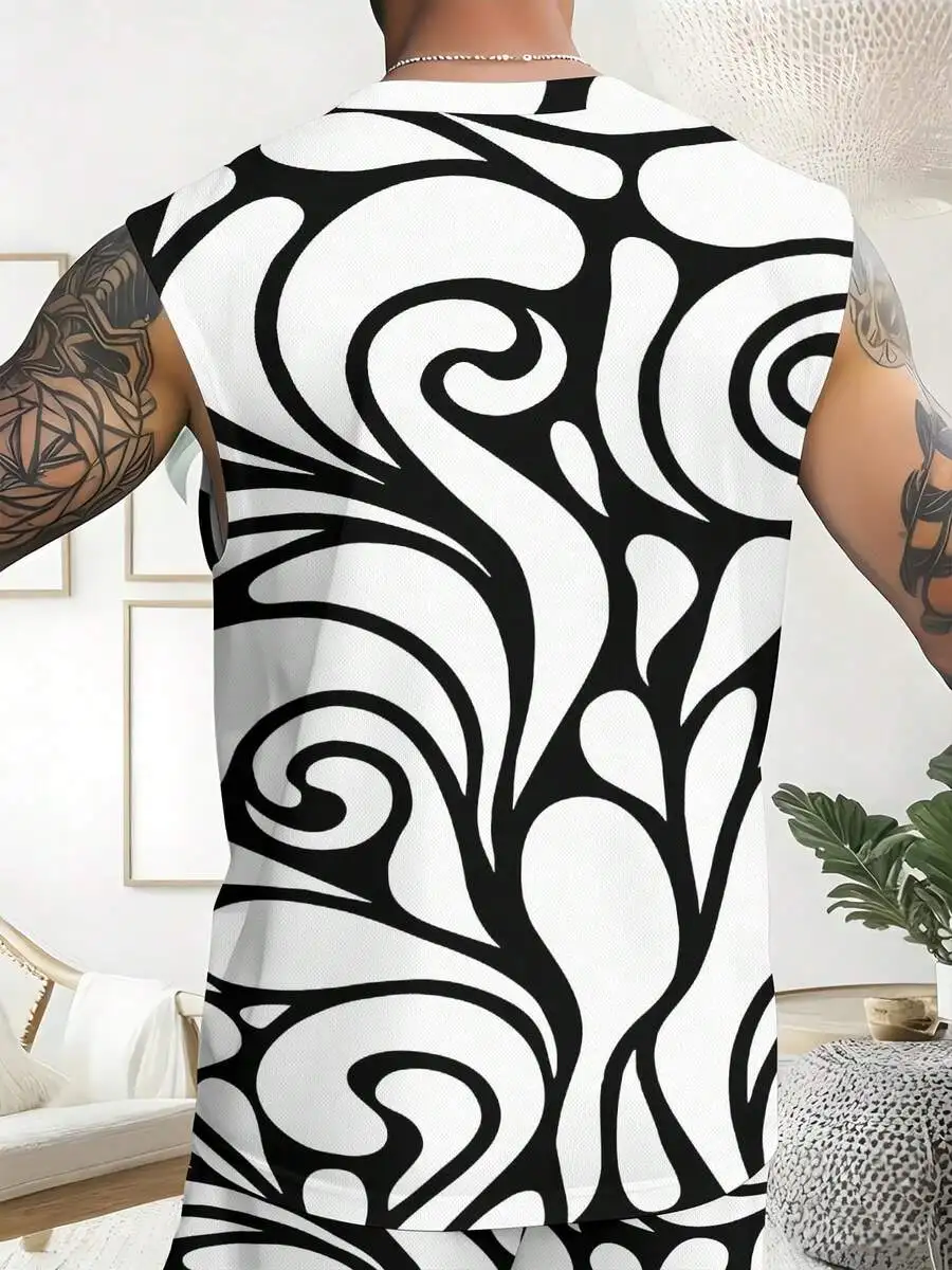 Abstract Wave Pattern 2026 European & American Spring Summer Autumn New Style Wide Shoulder Tank Top & Beach Shorts Set Men view 5