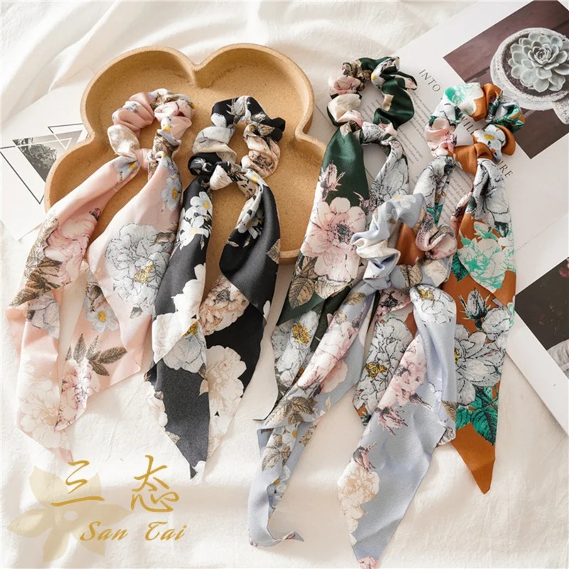 

Satin Scrunchies with Flower, Elegant Ribbon Hair Ties for Women, Elastic Ponytail Scarf Headband