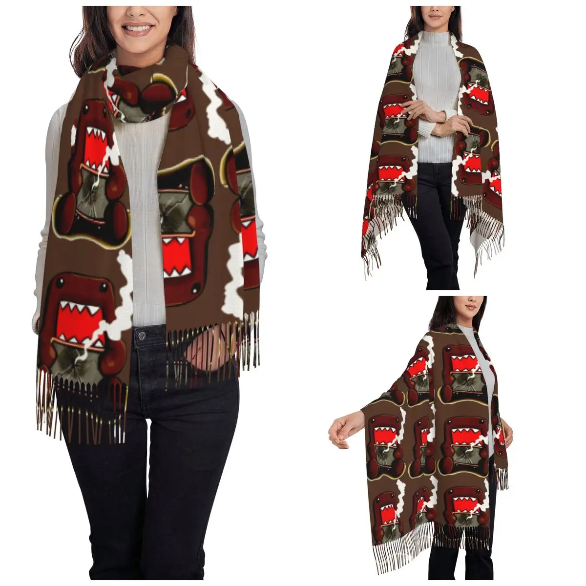 Cute Domo Kun Scarf for Womens Winter Warm Pashmina Shawl Wrap Animation Cartoon Brown Domo Long Large Shawl Scarf Lightweight