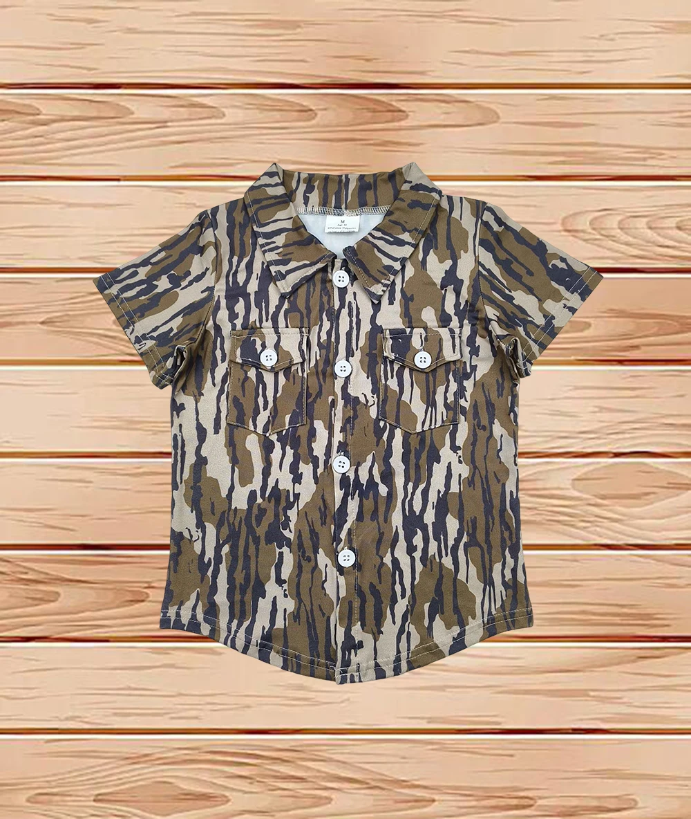 

4.15 Wholesale hot sale western boutique kid children Baby Boys Olive Bottomland Camo Short Sleeves Button Pockets Shirts Top