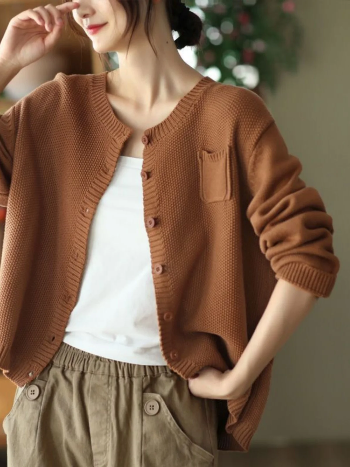 Cárdigan de punto largo Retro ort Sve para mujer, prendas de vestir exteriores versátiles de otoño, punzón de hombro, abotonada, informal, Color puro