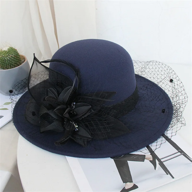 

French Elegant Women Banquet Fascinator Hat with Veil Flowers, British Celebrity Dress Derby Bridal Wedding Wool Bucket Hat