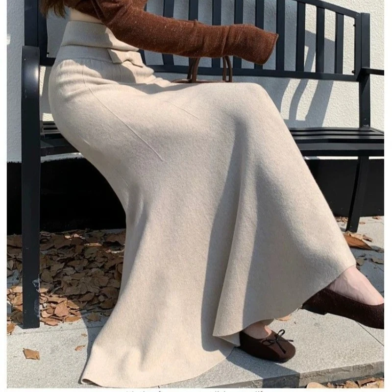 Women Thick Knit Mermaid Skirt High Waist Bodycon Maxi Skirts Bow Solid Slimming Elegant Autumn Winter Faldas Mujer