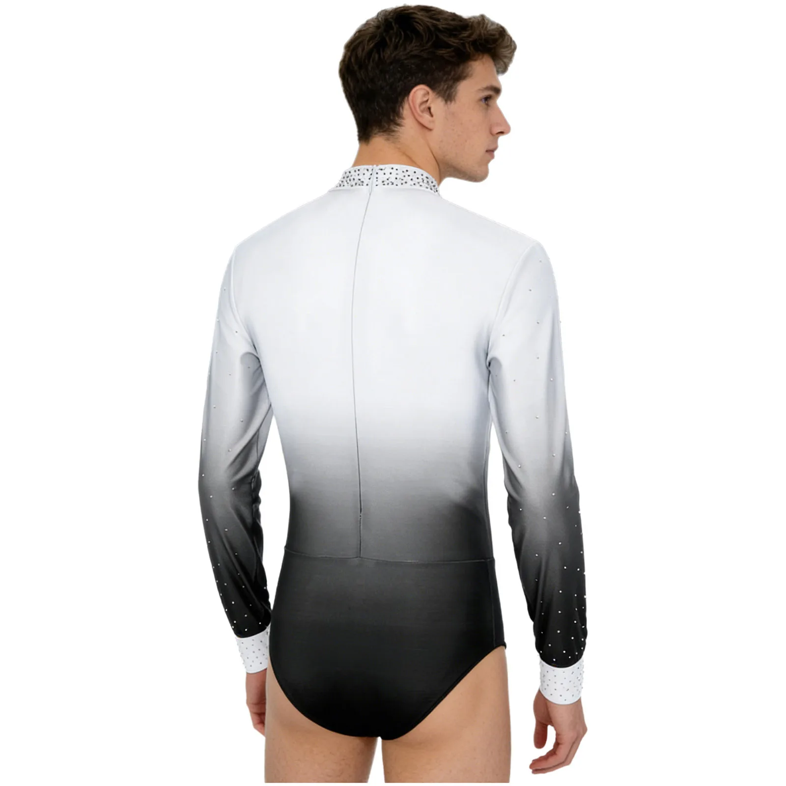 

Mens Figure Skating Acrobatics Gymnastics Jumpsuit Costume Gradient Color Shiny Rhinestones Long Sleeve Ballet Dance Leotard