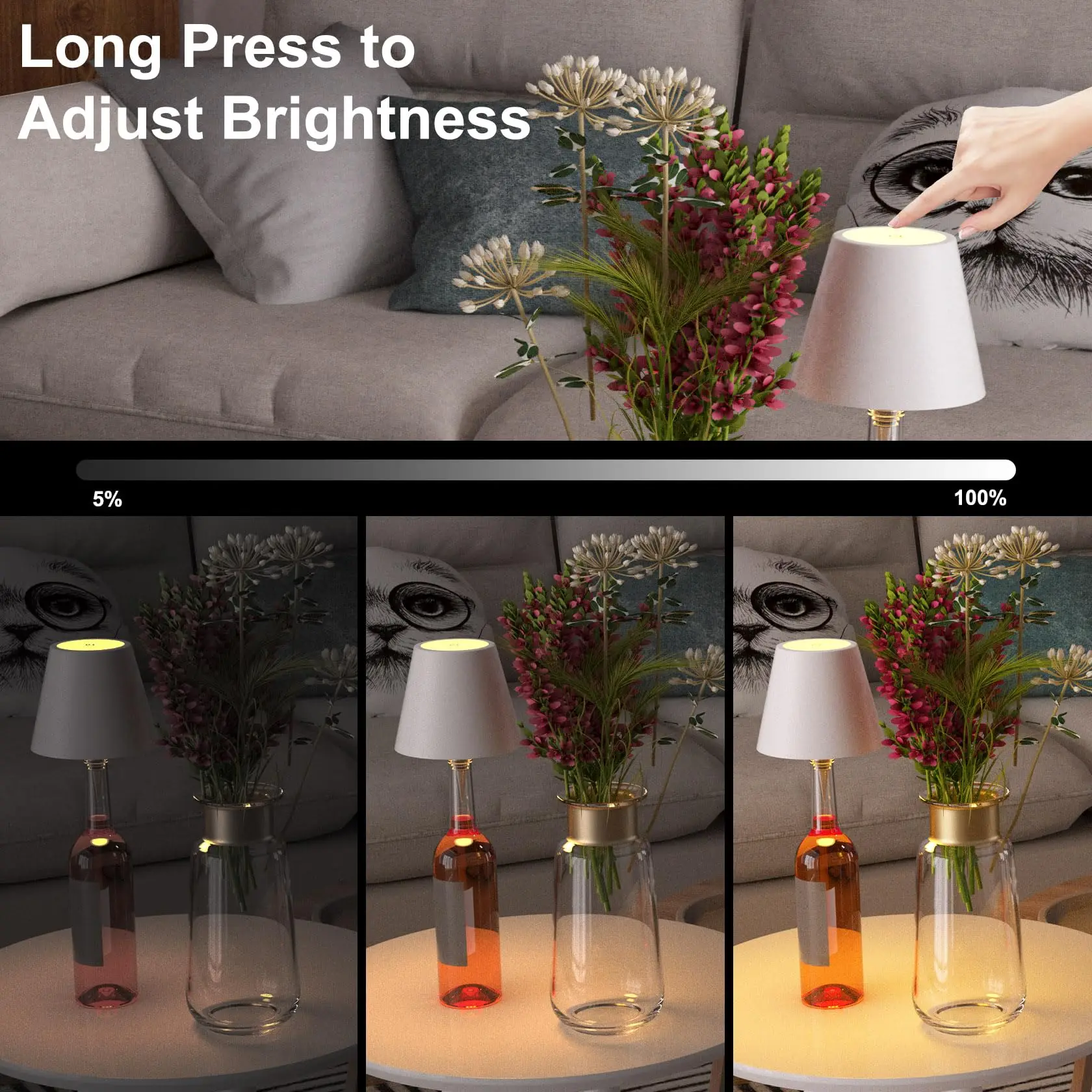 أضواء زجاجة النبيذ 3 ألوان USB غطاء مصباح زجاجة لاسلكي مع ضوء ستبليس يعتم أضواء LED لزجاجة الخمور القابلة لإعادة الشحن