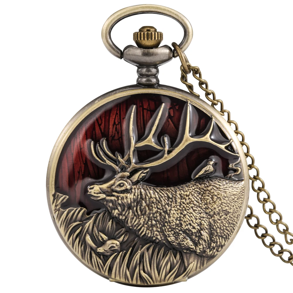 

Retro Elk/Elephant/Crane Animal Quartz Pocket Watch Round Numerals Dial Pocket Necklace Pendant Chain Pocket Clock for Men Women