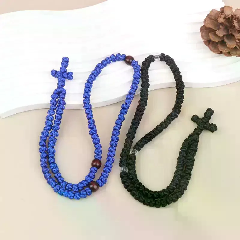 /HTF/Black/Blue Komboskini Knot Necklace Handmade Orthodox Religous Rosary Prayer Rope Cross Jewelry Gift