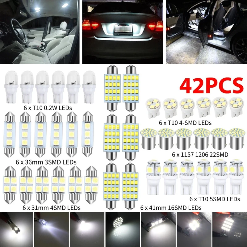 42 יחידות תאורת פנים לרכב LED T10 6000K SMD נורות LED להחלפה ללוח רישוי / תאורת קריאה נורות פנים לבנות קסנון