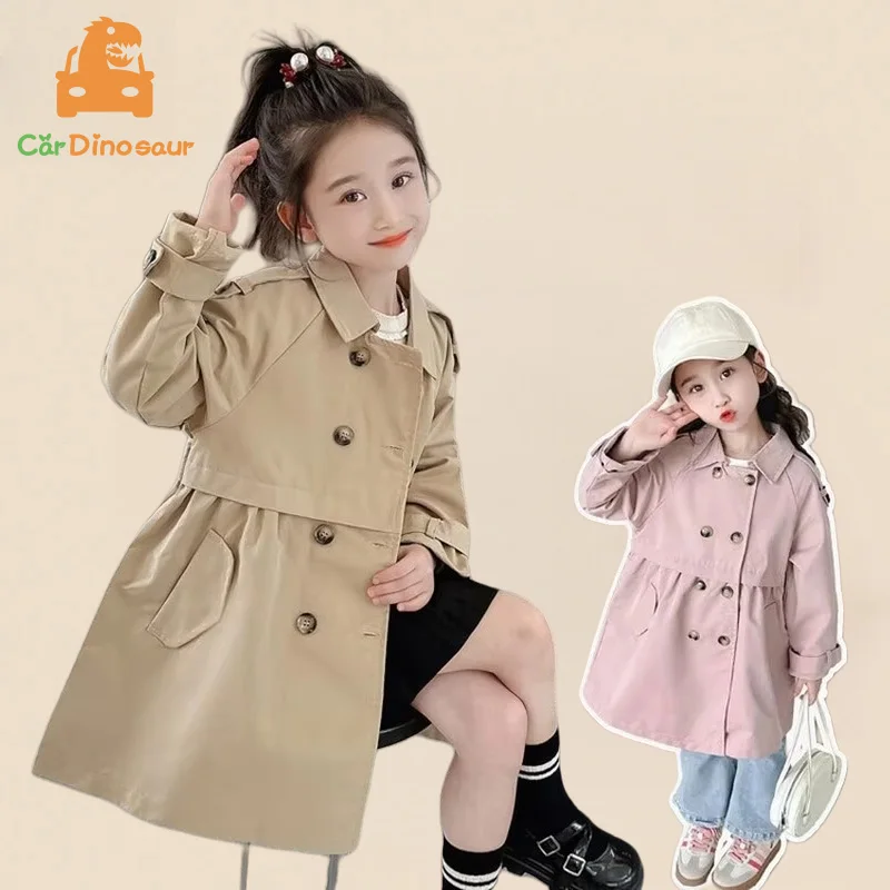 2025 Spring Autumn New 2 3 4 5 6 7 8 9 10 12 Years Children Outerwear Coats Baby Kids Girls Medium Long Slim Waist Trench Jacket