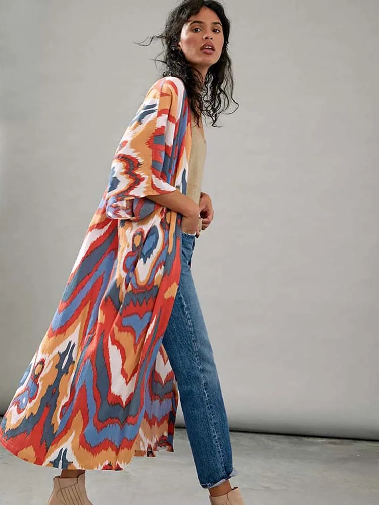 2024 Beach Kimono Bikini Cover Up Robe Beachwear Kaftan Long Dress Swimsuit Cover Up Print Tunic For Beach Sarong Pareo Dress