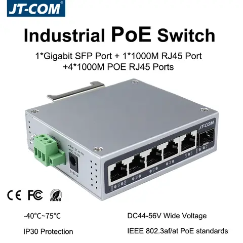 JT-COM 1.25GbE Smart Industrial PoE Switch 1*Gigabit SFP Port +1*1000M RJ45 Port +4*1000M POE RJ45 Ports for IP Camera/NVR
