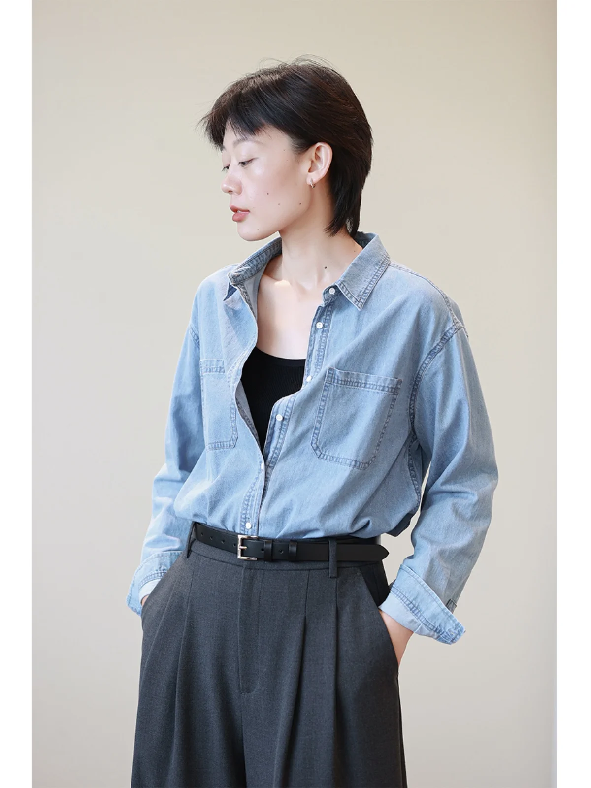 

Waed Cotton Long Sve Denim irt Women's Loose Fit Button up irt Versatile Layering Light Blue Deep Blue Casual irt