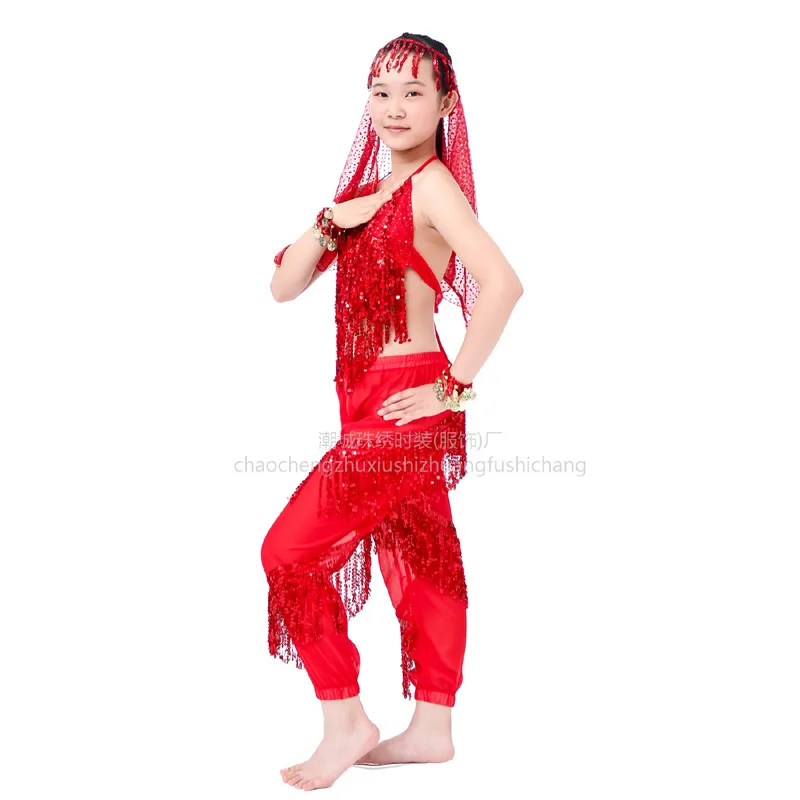 New Children's Clothes Belly Dance Costume Indian Dancer Sequined Tassel Dance Performance Suit