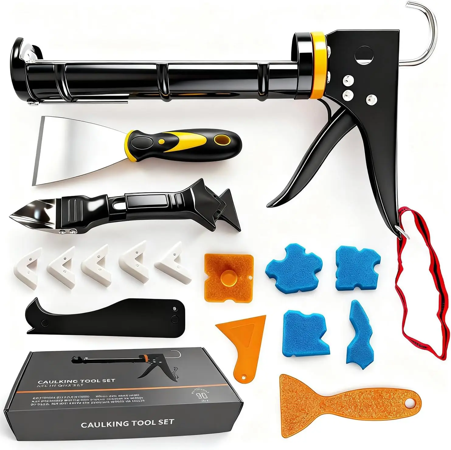 Caulk Gun Kit with Caulk Remover Tool - Smooth Silicone Caulking Gun Set for Caulk Removal, Shower & Bathroom, Includes Caulking Gun, Scraper, Spackle Knife, All-in-One with Gift Box