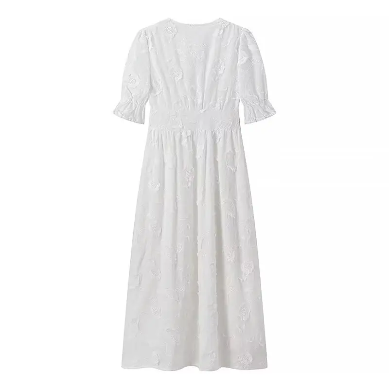 Maxdutti Vestidos Embroidered White Single Breasted Dress Women French Minimalist Short Sleeve Elegant Lace Maxi Dress