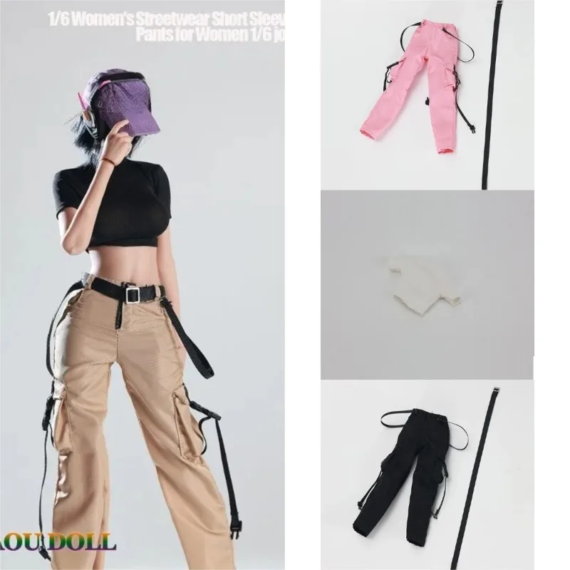 1/6 Scale Trendy Female Soldier Fashion T-shirt Pants with Belt Clothes Model for 12'' Action Figures Body Doll
