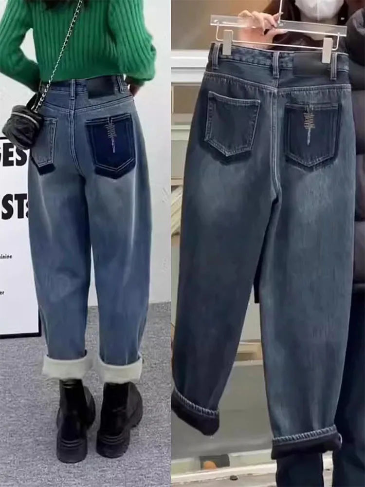 

Джинсы Harlan Thiened Harlan на подкладке Dad's Fce, женские брюки с высокой талией, осенние новые брюки размера плюс для похудения, orthed Cabbage