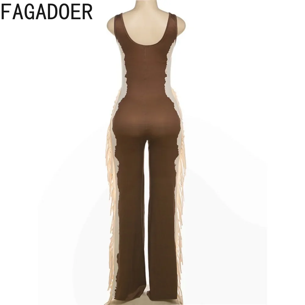 FAGADOER Fashion Color Stitching Hollow Out Tassels Jumpsuits Women Round Neck Sleeveless Backless Playsuits Female Overall 2024