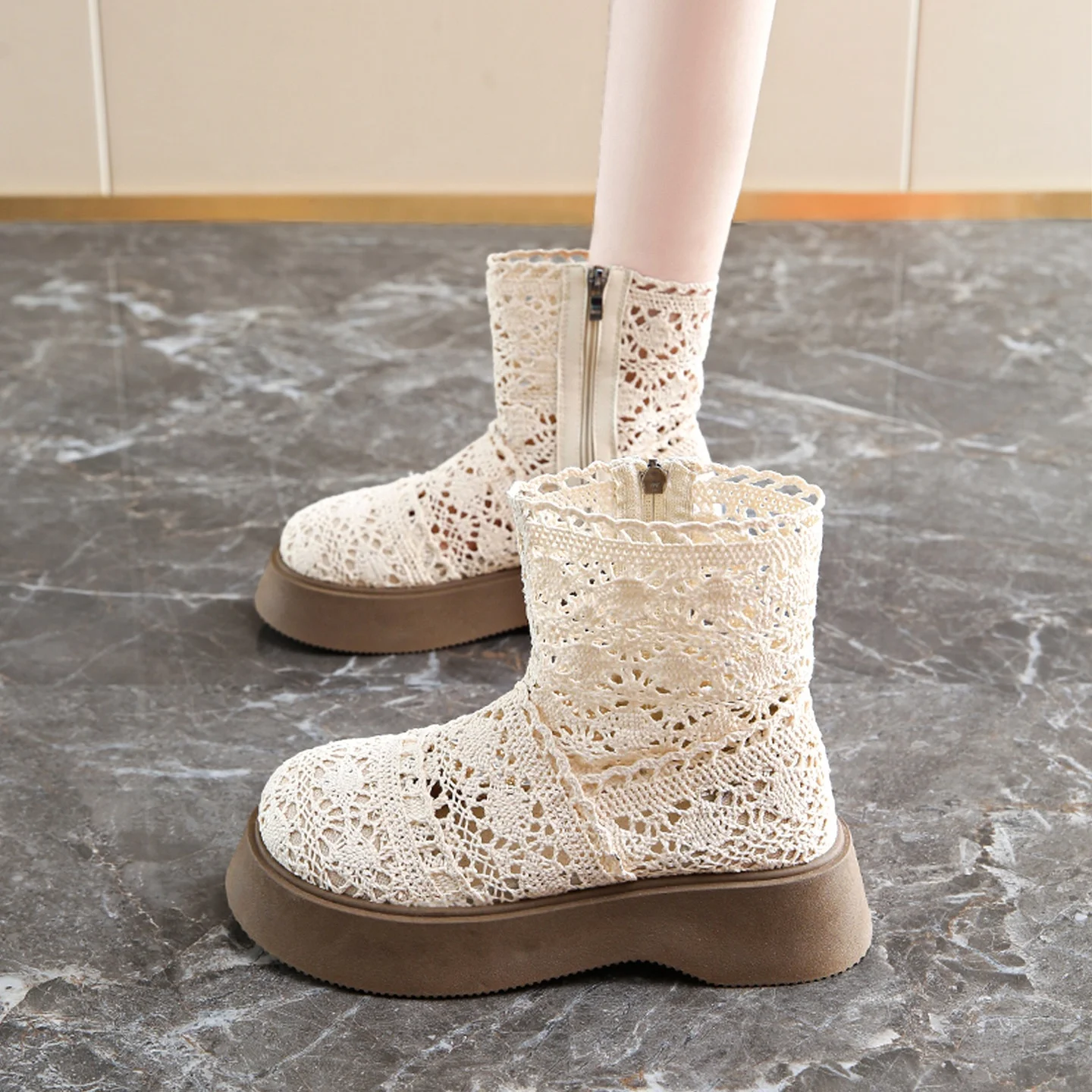 

Breathable Hollow out Short Boots Women's Fashion Fairy Style Thin Mid-Calf Summer Shoes Flat Heel EVA Material for Spring Au...