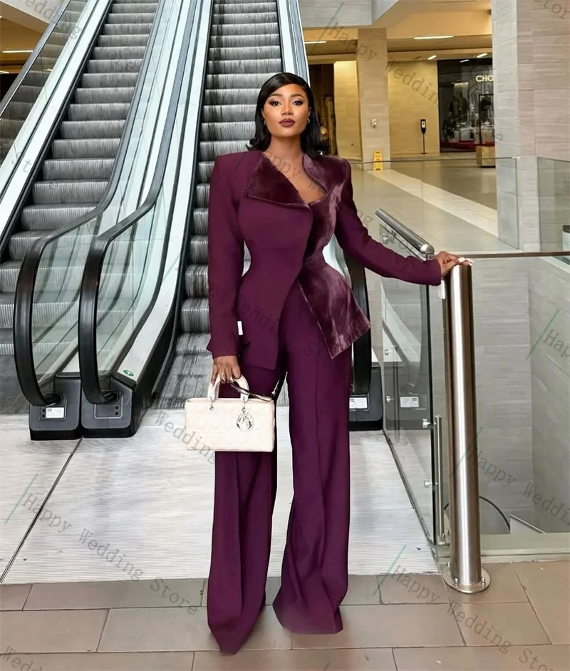 Purple Women Suit Set 2 Piece Blazer+Pants Trousers Cotton Velvet Fashion Autumn Formal Office Lady Customized Wedding Tuxedos