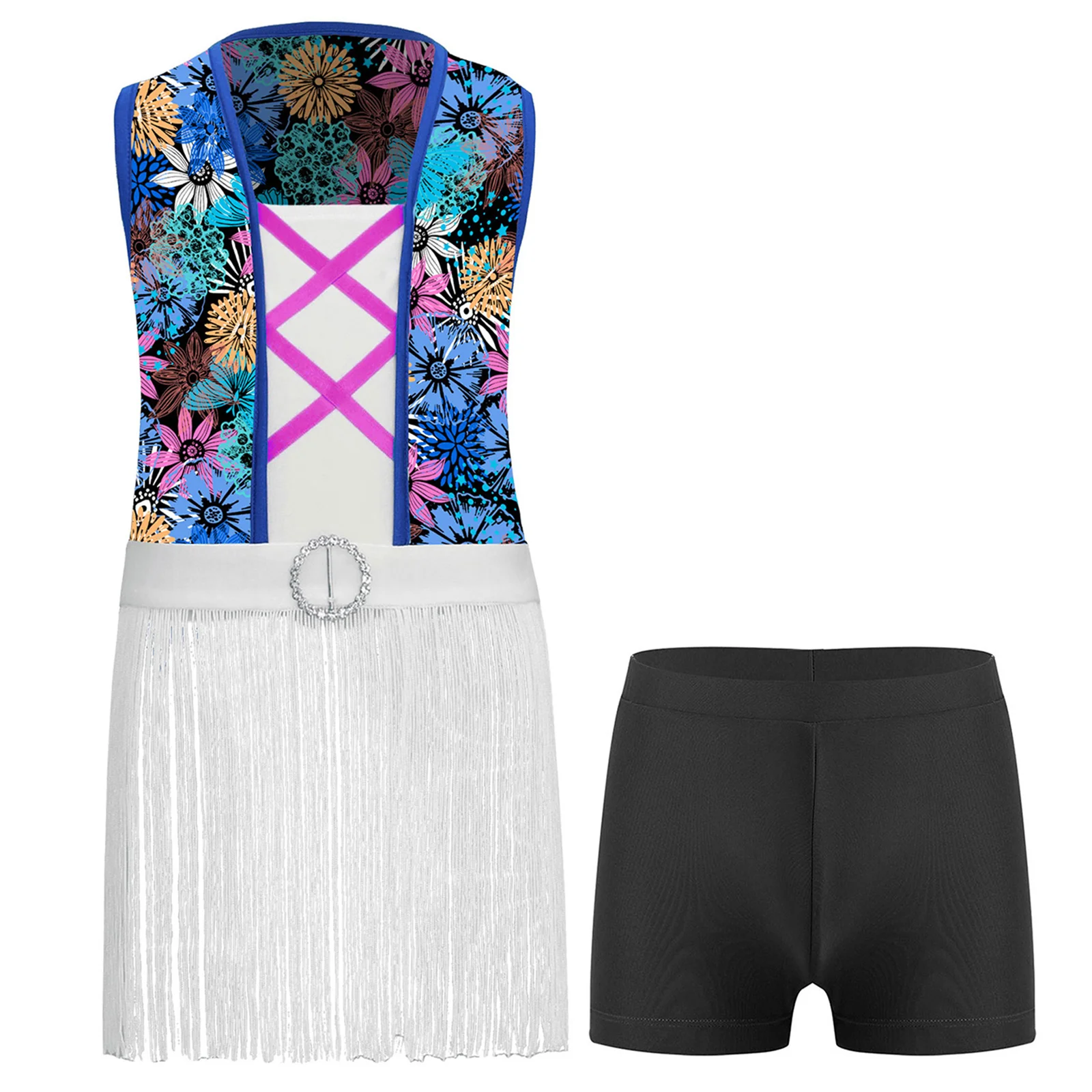 Girls Dance Outfit Print Fringe Crop Top Tank Vest Dance Top with Shorts for Modern Dance Latin Salsa Ballroom Cha Cha Dance