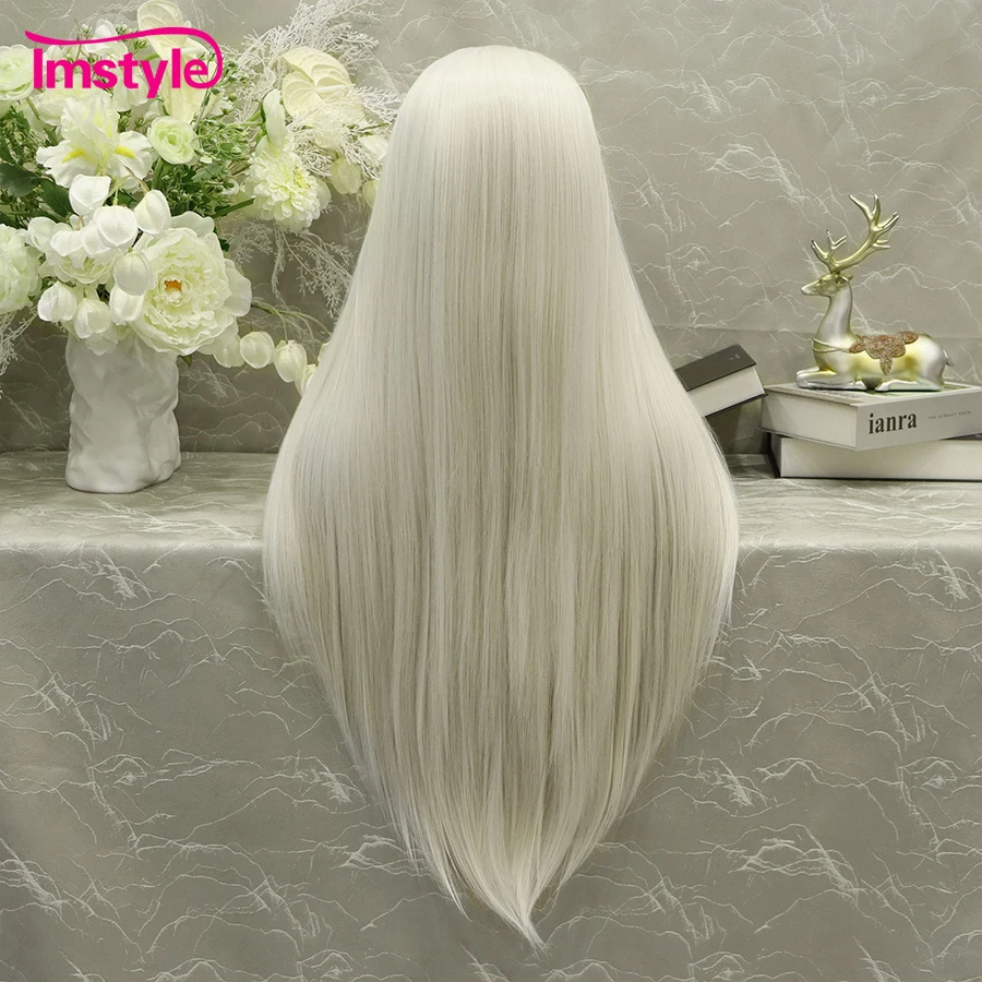 Imstyle-Longo Platina Loiro Sintético Peruca Dianteira Do Laço, Cabelo Liso, Fibra Resistente Ao Calor, Parte Livre Cosplay Perucas