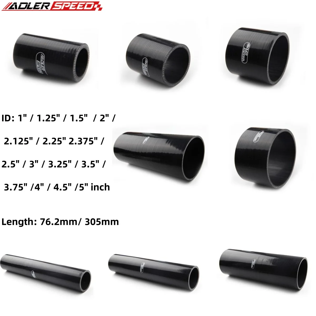 4Ply ID 38 45 51 57 63 70 76 83 89 95 102 มม.ท่อซิลิโคนตรงสีดํา Turbo Coupler ความยาวท่อ: 76.2 มม./305 มม.