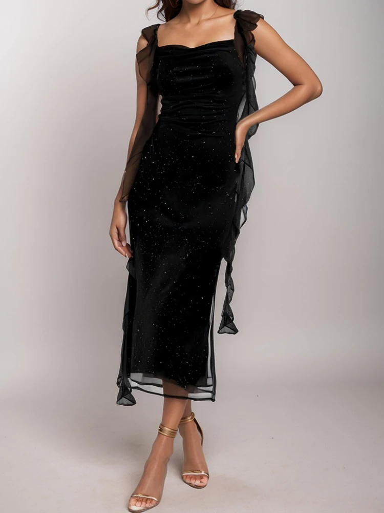 Black Velvet Sparkly Dress Women Evening Party Gown Sexy Off Shoulder Midi Length With Chiffon Cape Sleeves Asymmetrical Hem Gli