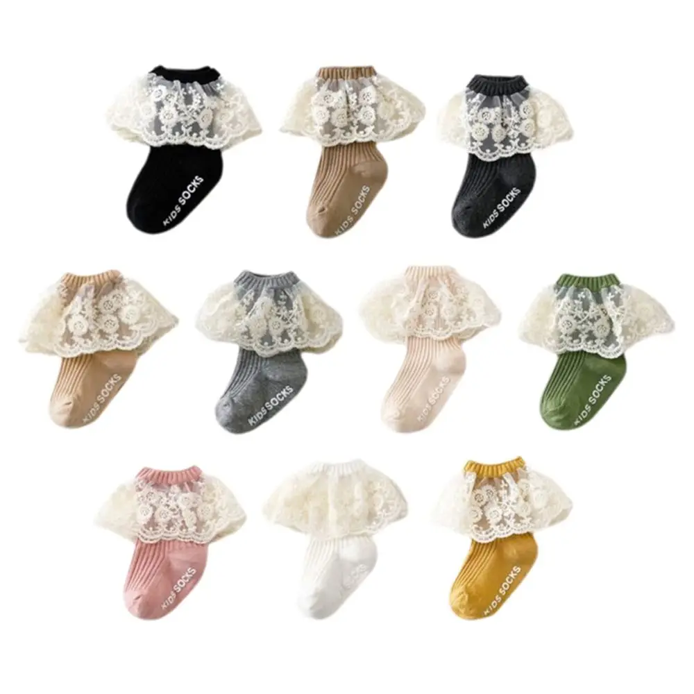 Combed Cotton Toddler Lace Trim Socks Non-Slip Breathable Baby Princess Socks Multi-Color Infant Ruffle Socks Baby Girls