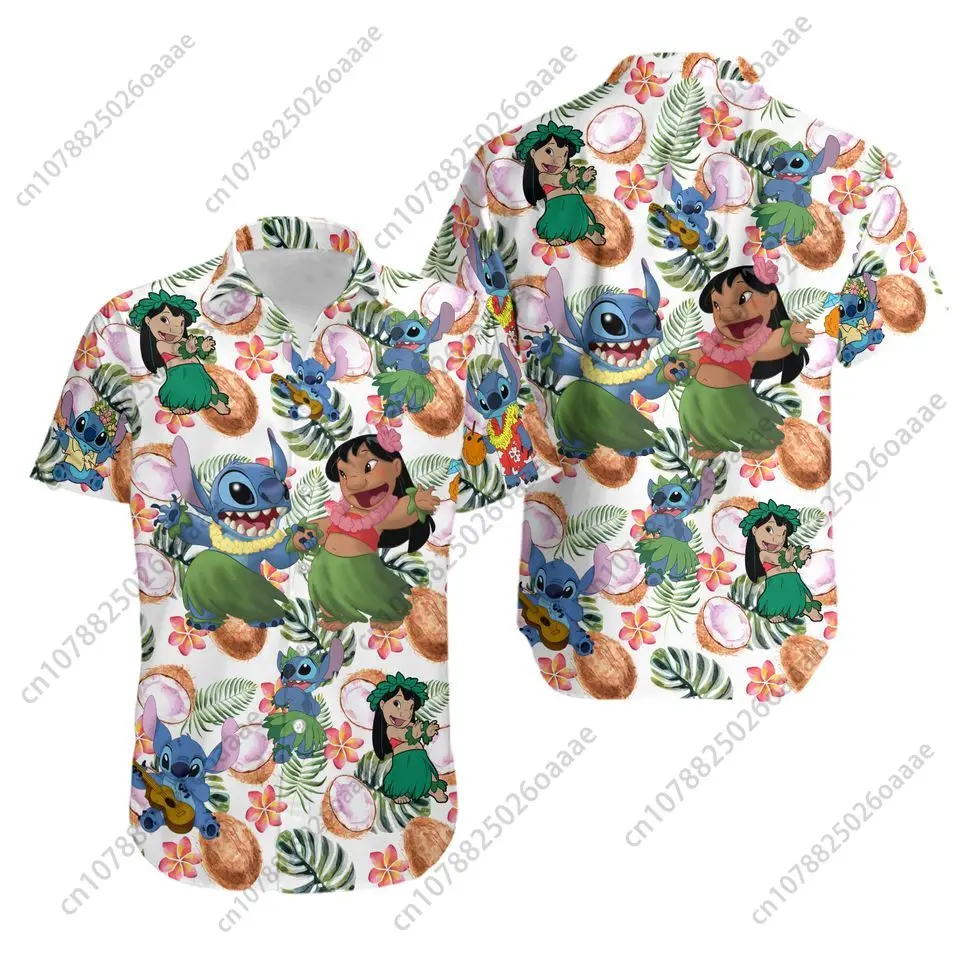 

Disney Stitch and Lilo Summer Hawaiian Shirt Men's Womens Casual Short Sleeve Button Up Shirts Disney Beach Shirts Hawaii Shirts