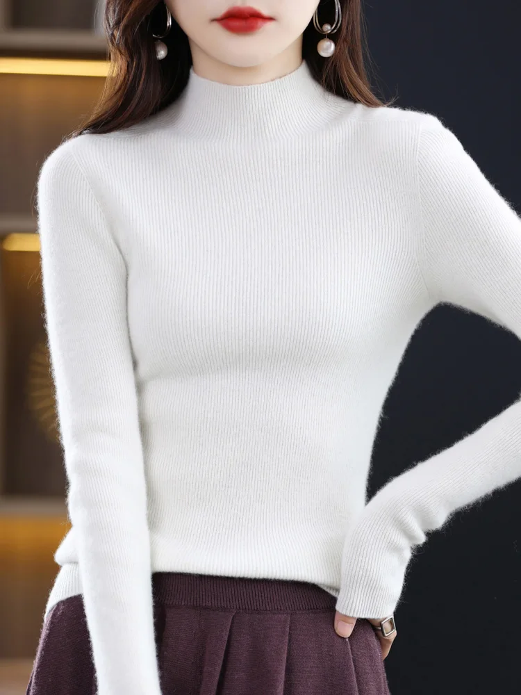 100% reine Merinowolle Damen Mock-Neck Pullover Frühling Herbst lässig gestrickte Kleidung Slim Strip Top einfarbige Jacke