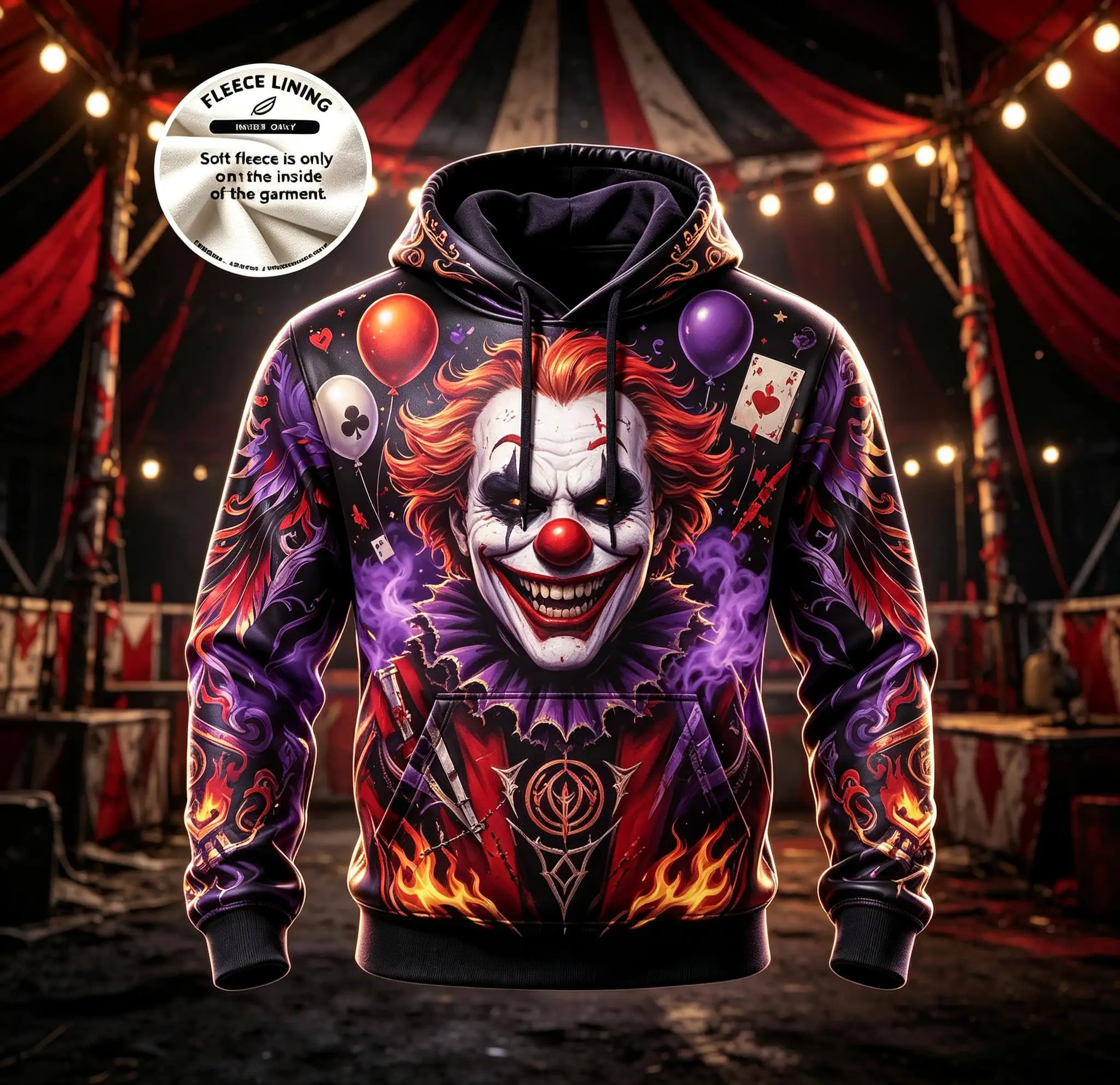 Men Fleece Lined Hoodie Red Purple Horror Clown Circus Balloon Flame Full Print Drawstring Pullover Sweatshirt