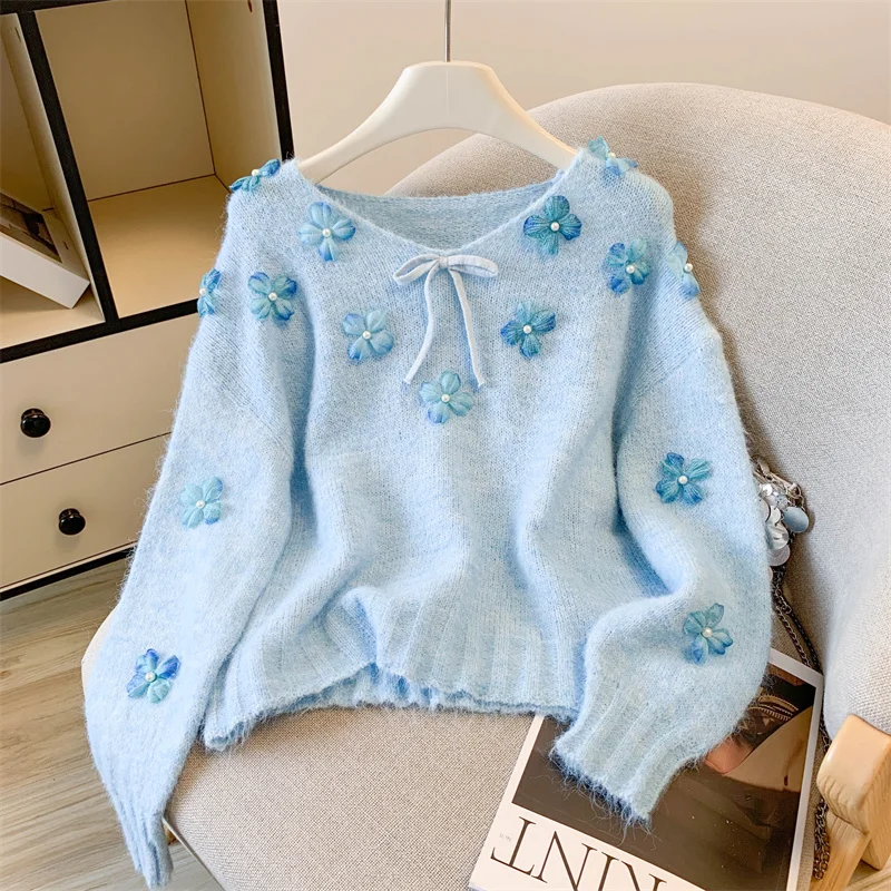 

Новый женский вязаный свитер с V-образным вырезом и объемными бабочками из мягкой розовой шерсти, коллекция Осень-Зима 2026