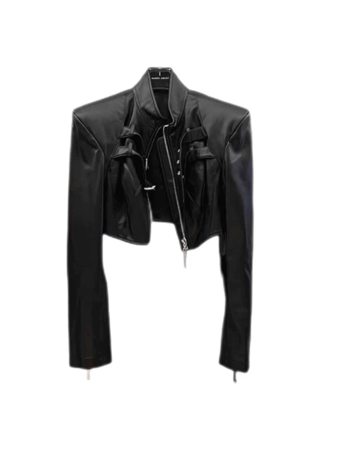 Giacca Corta da Donna in Pelle PU Nera Stile Motociclista con Collo Alto e Chiusura a Cerniera, Collezione Primavera 2026