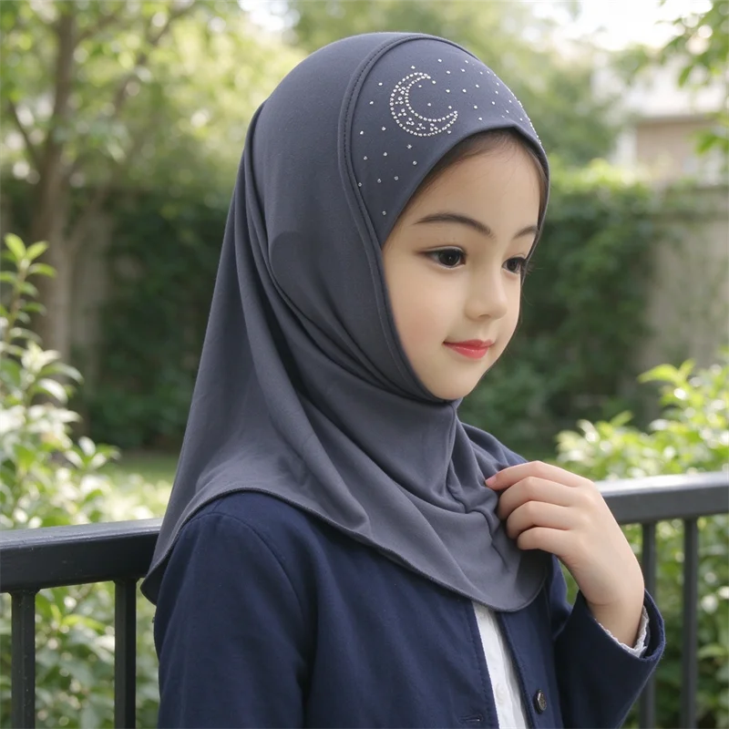 Jersey Beautiful Diamond Moon Star Small Child Headscarf Cute Scarf Amira Muslim Hijab Head Wrap Shawls for 2-6Year Kids Niqab
